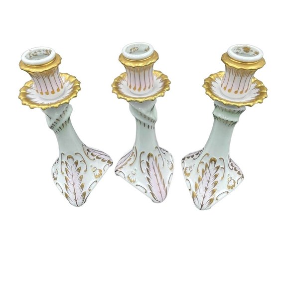 Hollohaza Hungary Porcelain 9016Candlestick Holder Set Of 3 White Pink Green
